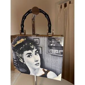 Vintage Handmade Cigar Box Purse Hand-Painted Woman Bamboo Handle